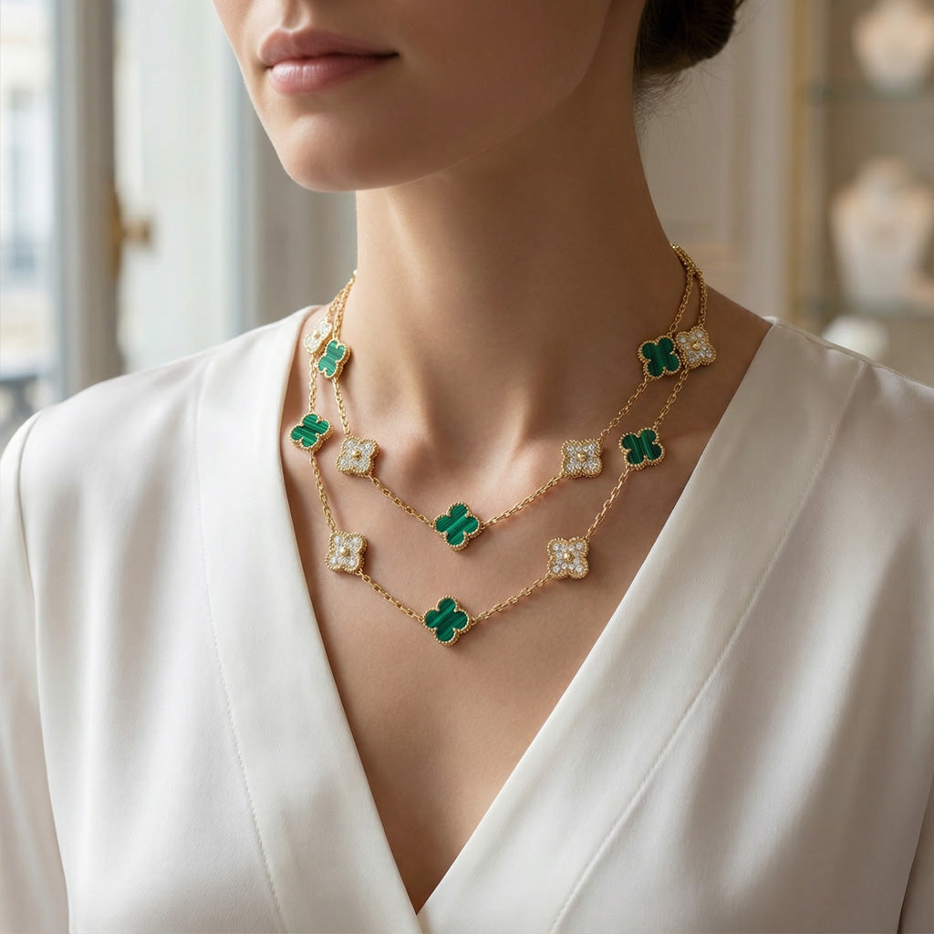 Van Cleef & Arpels Vintage Alhambra Malachite 20 Motifs Long Clover Necklace