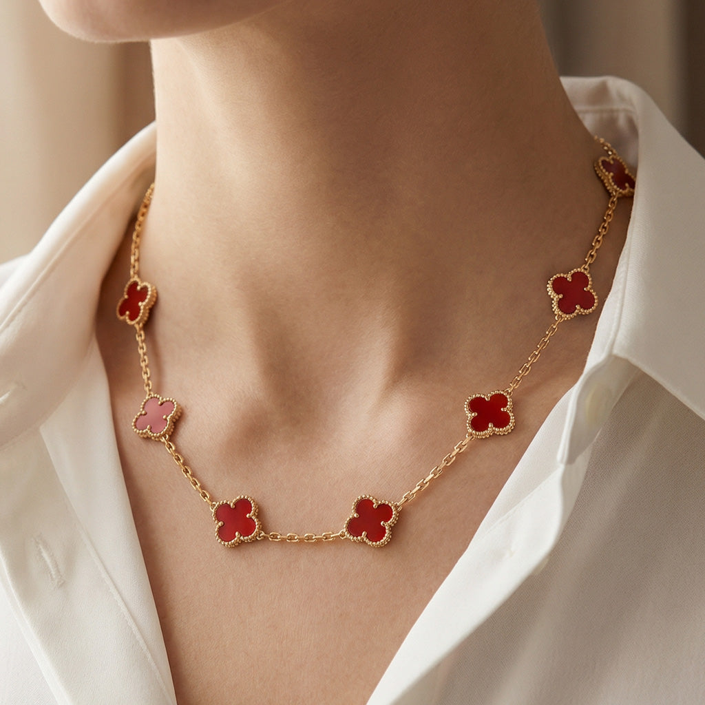 Van Cleef & Arpels Vintage Alhambra Red Carnelian 10 Motifs Necklace