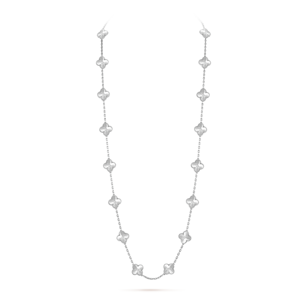 Van Cleef & Arpels Vintage Alhambra White Agate 20 Motifs Long Necklace