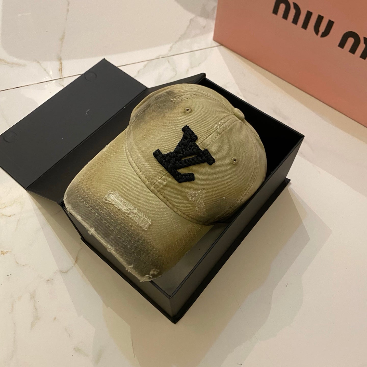 LV Baseball Cap with Distressed Craft and Woven Logo